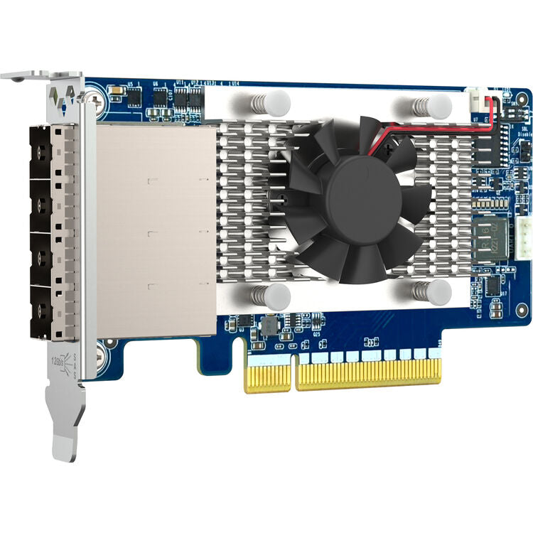 A blue and silver PCIe network card with a black cooling fan, gold PCI Express connector, and multiple black port modules on the left, shown on a plain white background.