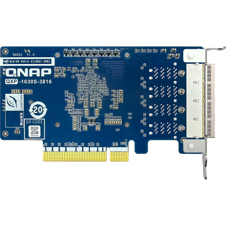 QNAP QXP-16305-3816 16Gb 4-port network storage card with a blue PCB, gold PCI-E connector, and white metal bracket on a white background.