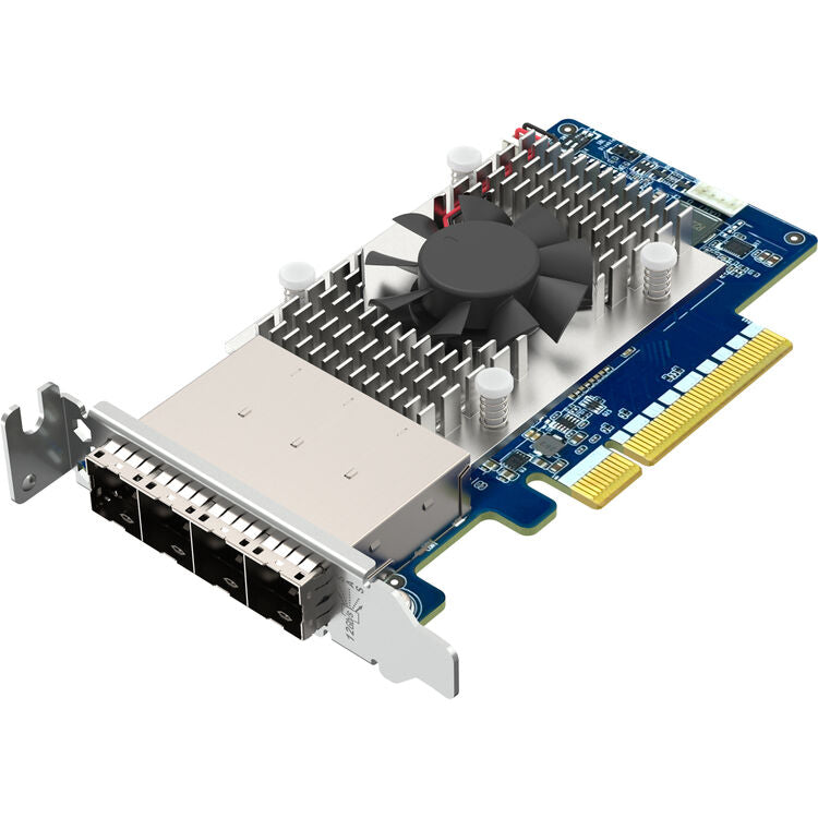 A 4-port QSFP transceiver card with an integrated heat sink and cooling fan, featuring a blue printed circuit board, silver metal heatsink, and gold PCI Express connector, shown on a white background.