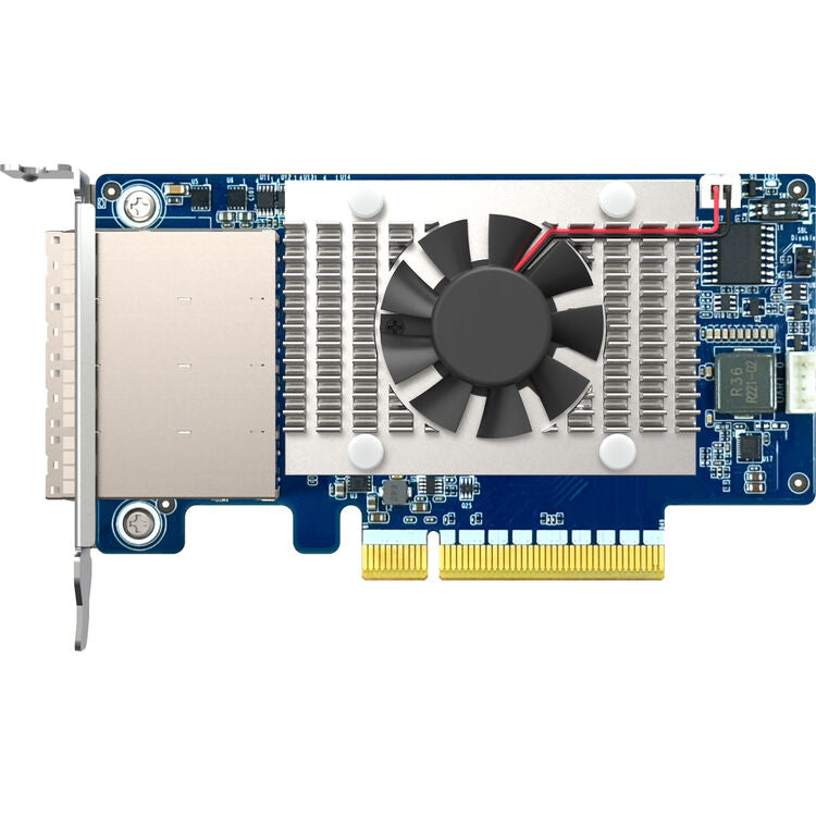 A blue NVIDIA graphics card with a silver heat sink, black cooling fan, gold PCI Express connector, and a large silver metal bracket on the left side, shown against a plain white background.