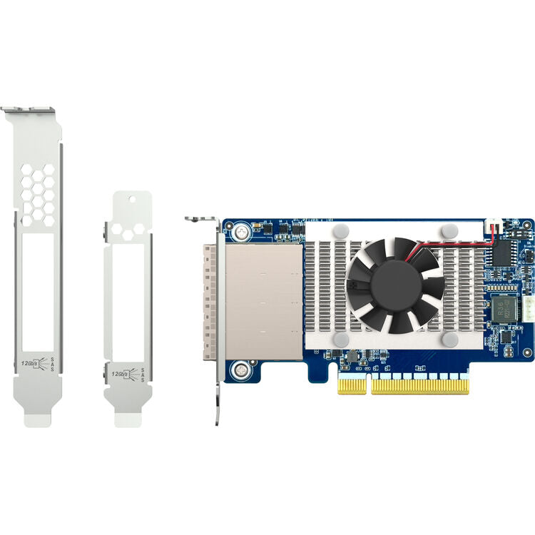PCIe graphics card with a blue PCB, white heatsink, black cooling fan, gold PCI connector, and two silver metal bracket clips shown on a white background.