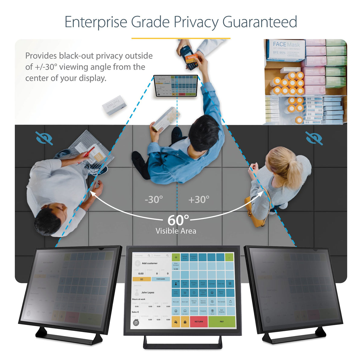StarTech 19-Inch 5:4 Monitor Privacy Screen Filter with Anti-Glare and Blue-Light Reduction mounted on a monitor