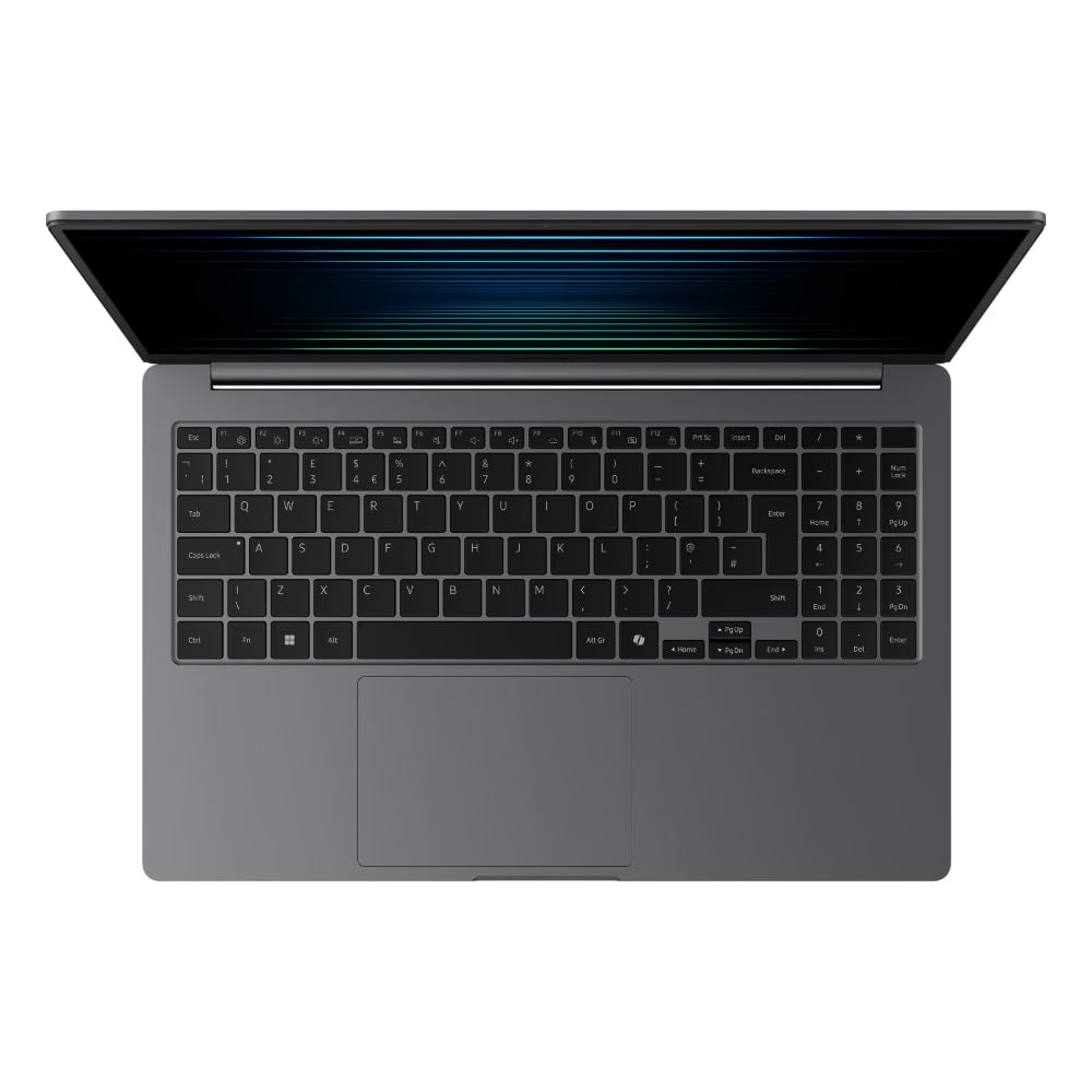 A top-down view of a dark gray laptop with the screen open, featuring a black keyboard and a large touchpad on a solid white background.