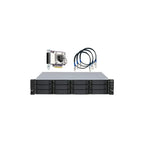 A 16-drive enterprise server RAID controller kit, featuring a silver and black front-facing server chassis with multiple drive bays, a PCI Express RAID controller card, and four multi-core fiber optic cables with blue connectors, all displayed on a solid white background.