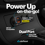 Car charger with dual ports and fast charging capabilities on a car dashboard.