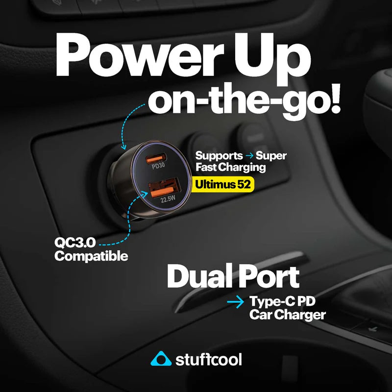 Car charger with dual ports and fast charging capabilities on a car dashboard.