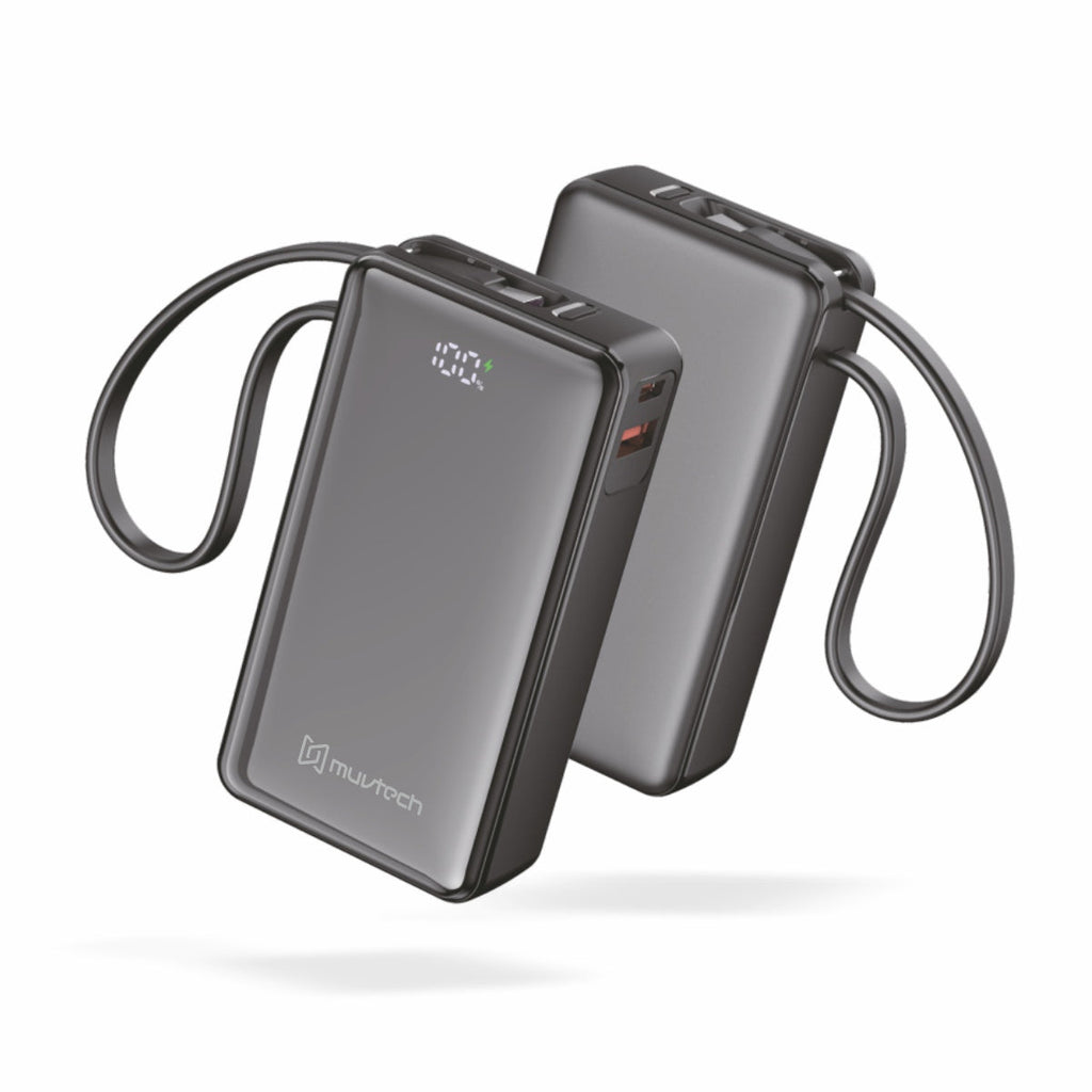 Mini Mate 10000mAh Power Bank with 22.5W Fast Charging, Dual In-Built Cables, USB-A & USB-C Output, Digital Display, Slim & Lightweight Portable Charger- Black