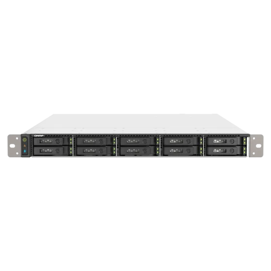 A high-density server rack featuring multiple black 3.5-inch hard drive bays with LED status indicators, shown against a plain white background.