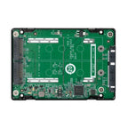 Green electronic circuit board with various components on a white background