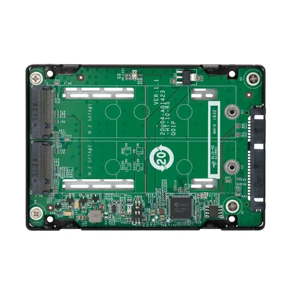 Green electronic circuit board with various components on a white background