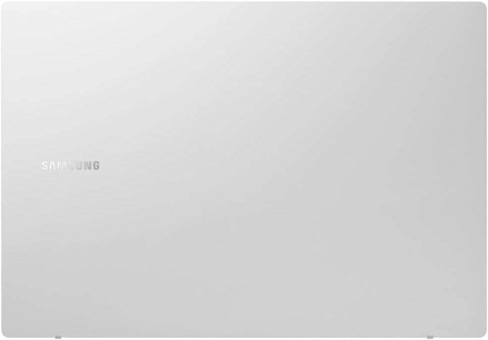 A light gray Samsung laptop lid or cover shown closed from a top-down view, with the SAMSUNG logo printed on the left side against a plain light background.
