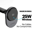 Wireless charger with 'Made in India' and '25W Wireless' text on a white background