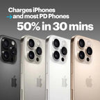 Four Apple iPhones with a focus on charging capabilities on a gray background