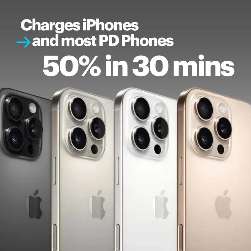 Four Apple iPhones with a focus on charging capabilities on a gray background
