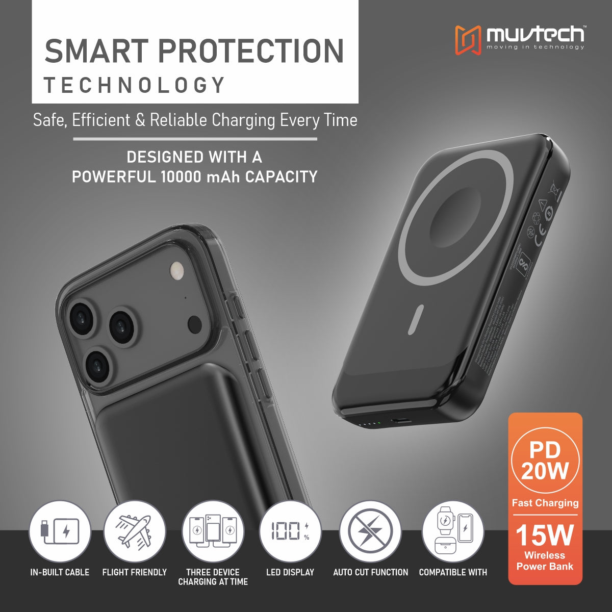 Power Mate 10000mAh MagSafe Power Bank | Magnetic Wireless Portable Charger for iPhone & Qi Devices | Dual Charging (Wireless + Wired) | Slim & Lightweight with Smart Protection