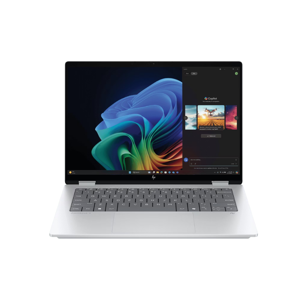 HP Omnibook X Flip 14-fe1011QU – Snapdragon X1P, 16GB LPDDR5X, 512GB SSD, 14" IPS Touch, On-Device AI 45 TOPS, Win 11 Copilot+, MS Office, Glacier Silver