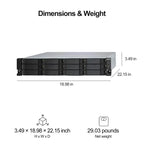 Server rack with dimensions and weight information on a white background