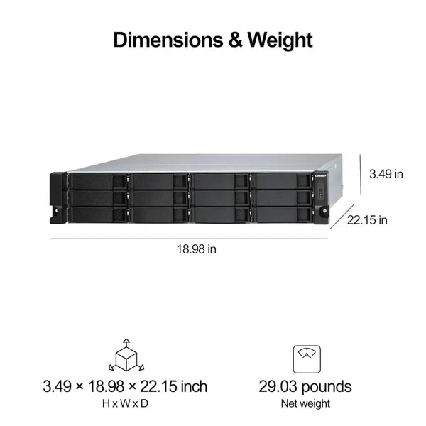 Server rack with dimensions and weight information on a white background