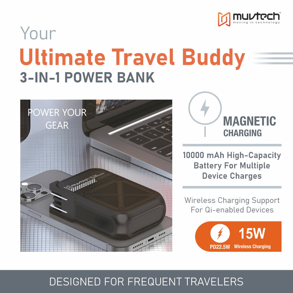 Travel Mate 10000mAh Power Bank with Built-in Wall Plug, 15W Wireless Charging, Dual USB Ports (USB-A + USB-C), Surge Protection, Fast Charging Portable Charger