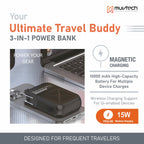 Travel Mate 10000mAh Power Bank with Built-in Wall Plug, 15W Wireless Charging, Dual USB Ports (USB-A + USB-C), Surge Protection, Fast Charging Portable Charger