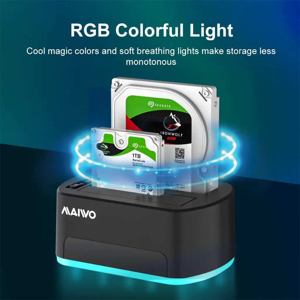 MAIWO K3062B Dual Bay USB 3.0 to SATA Docking Station with RGB 32TB Capacity