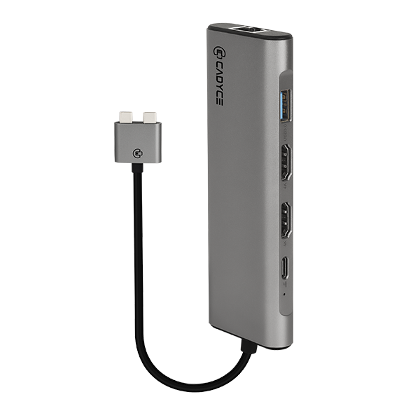 Cadyce CA-2CHD2 Dual USB-C Dual HDMI Docking Station – featured front angle with USB‑C connectors and ports