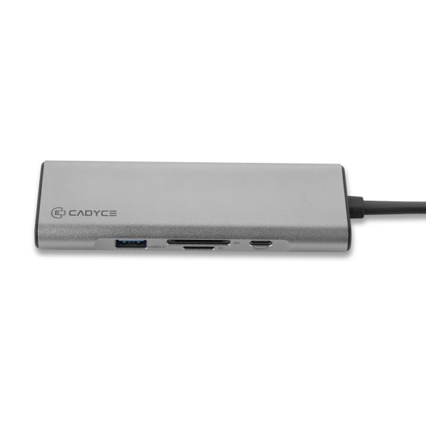 Cadyce CA-2CHD2 Dual USB-C Dual HDMI Docking Station – side perspective highlighting dual HDMI outputs (view c)