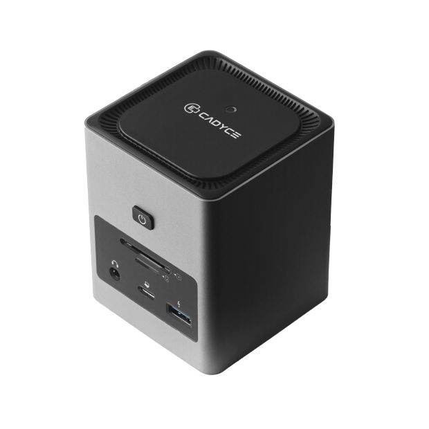 Cadyce CA-2HDQD USB‑C Dual HDMI Cube Docking Station angled view of aluminium housing
