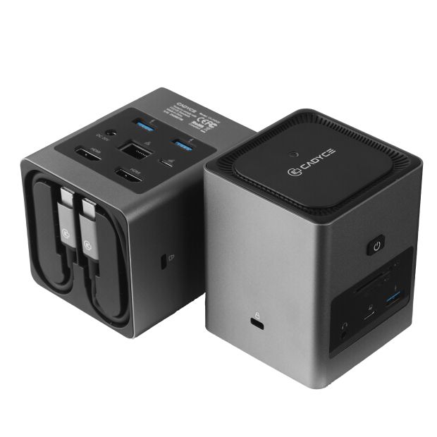 Cadyce CA-2HDQD USB‑C Dual HDMI Cube Docking Station side view highlighting ports
