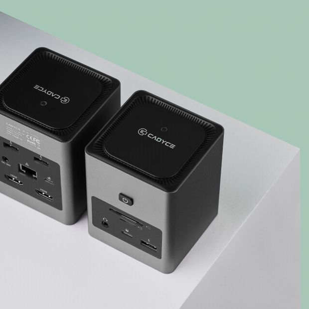 Cadyce CA-2HDQD USB‑C Dual HDMI Cube Docking Station compact cube shape on desk