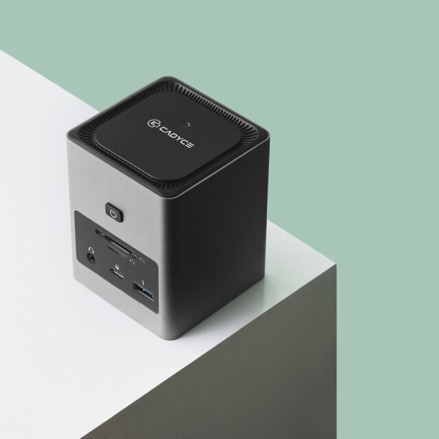 Cadyce CA-2HDQD USB‑C Dual HDMI Cube Docking Station 3.5mm stereo audio jack close‑up