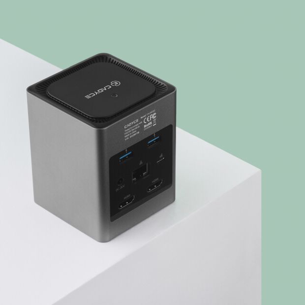 Cadyce CA-2HDQD USB‑C Dual HDMI Cube Docking Station SD and MicroSD card readers visible