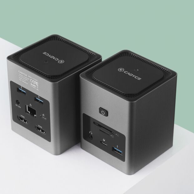 Cadyce CA-2HDQD USB‑C Dual HDMI Cube Docking Station top view revealing card slots