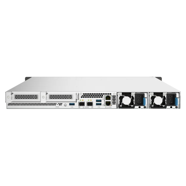 A silver enterprise server rack shown from the rear, featuring multiple ports, ventilation grilles, and dual cooling fans on a plain white background.