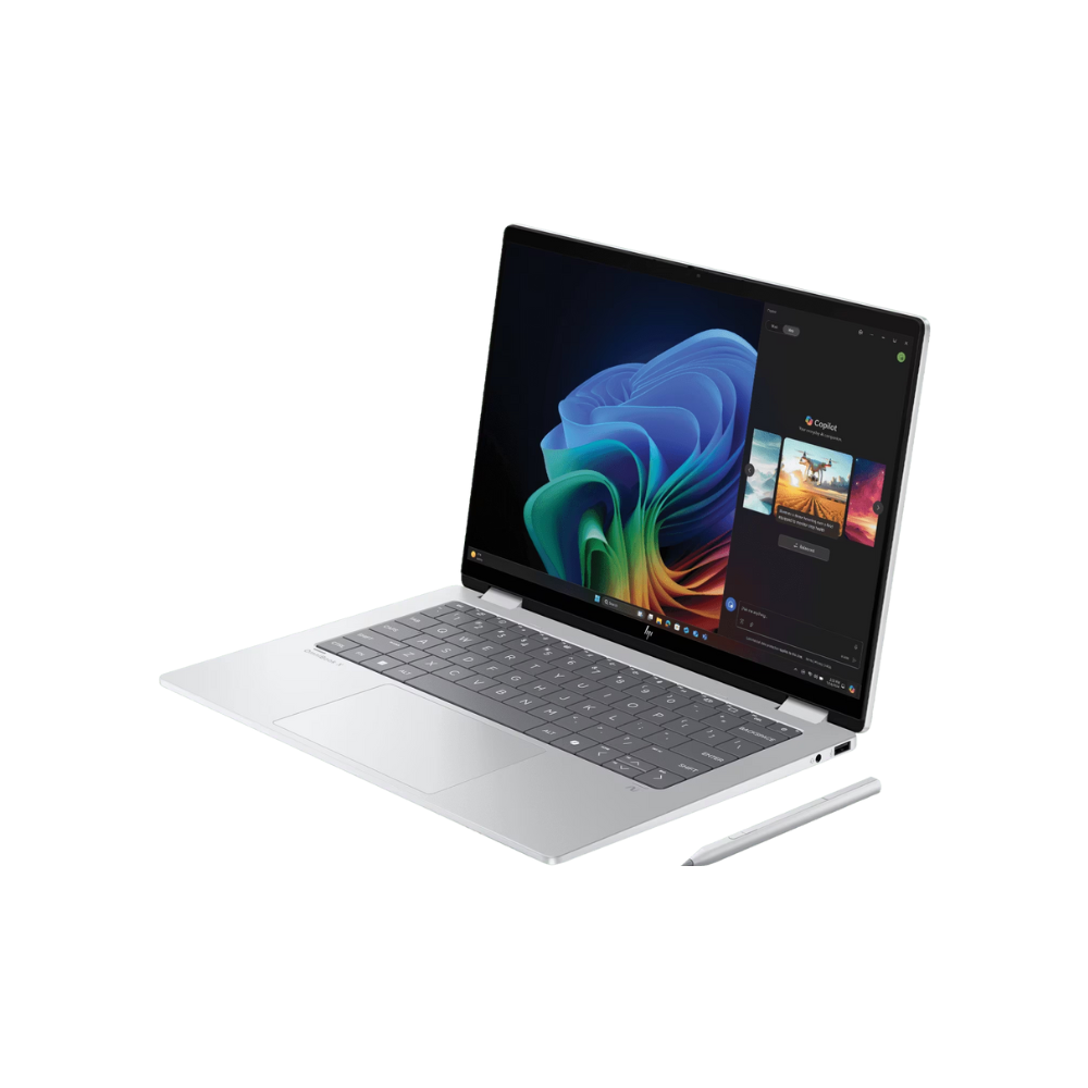 HP Omnibook X Flip 14-fe1011QU – Snapdragon X1P, 16GB LPDDR5X, 512GB SSD, 14" IPS Touch, On-Device AI 45 TOPS, Win 11 Copilot+, MS Office, Glacier Silver