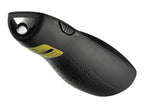 Black laser pointer with a yellow label on a white background