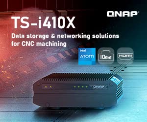 QNAP TS-i410X data storage and networking solution for CNC machining with Intel Atom, 10GbE, and HDMI logos.