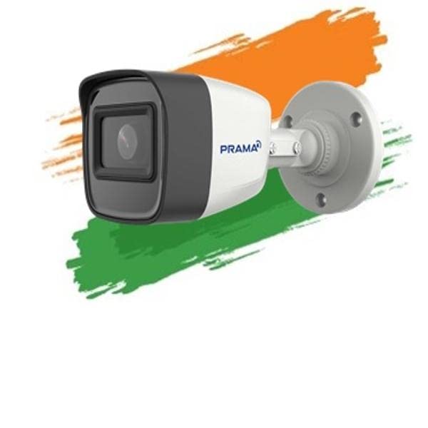 A PRAMA brand bullet security camera with a white and black housing and a gray mounting bracket, shown against a white background with orange, green, and white paint-stroke graphics.