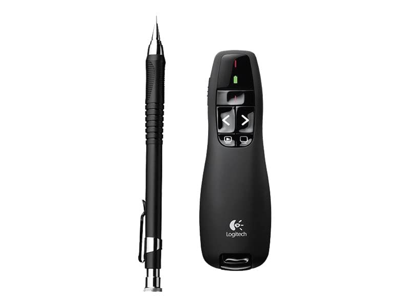 Logitech presentation remote control and black mechanical pencil set against a plain white background.