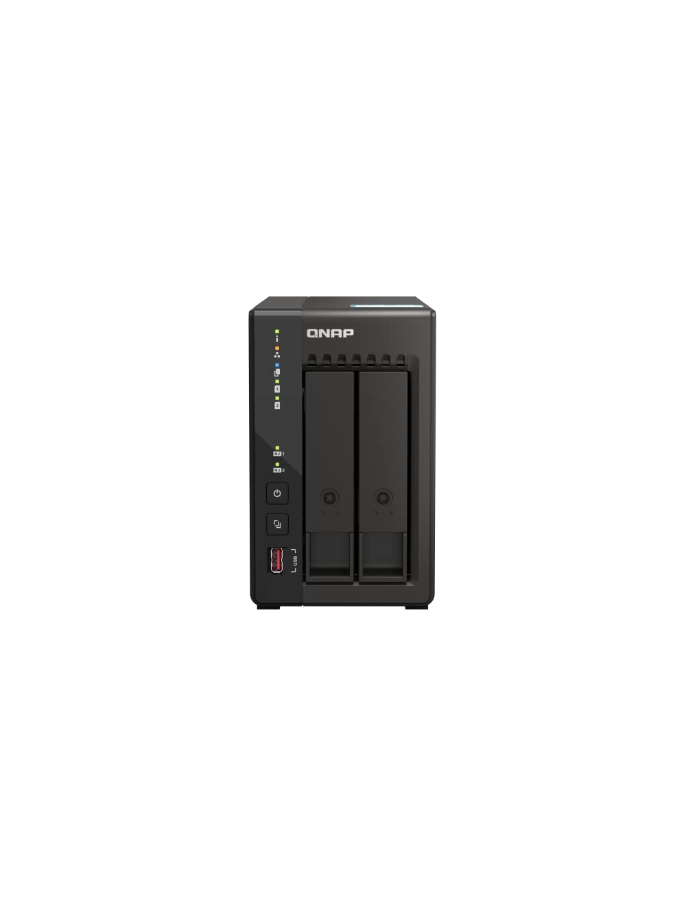 Black QNAP NAS device on a white background