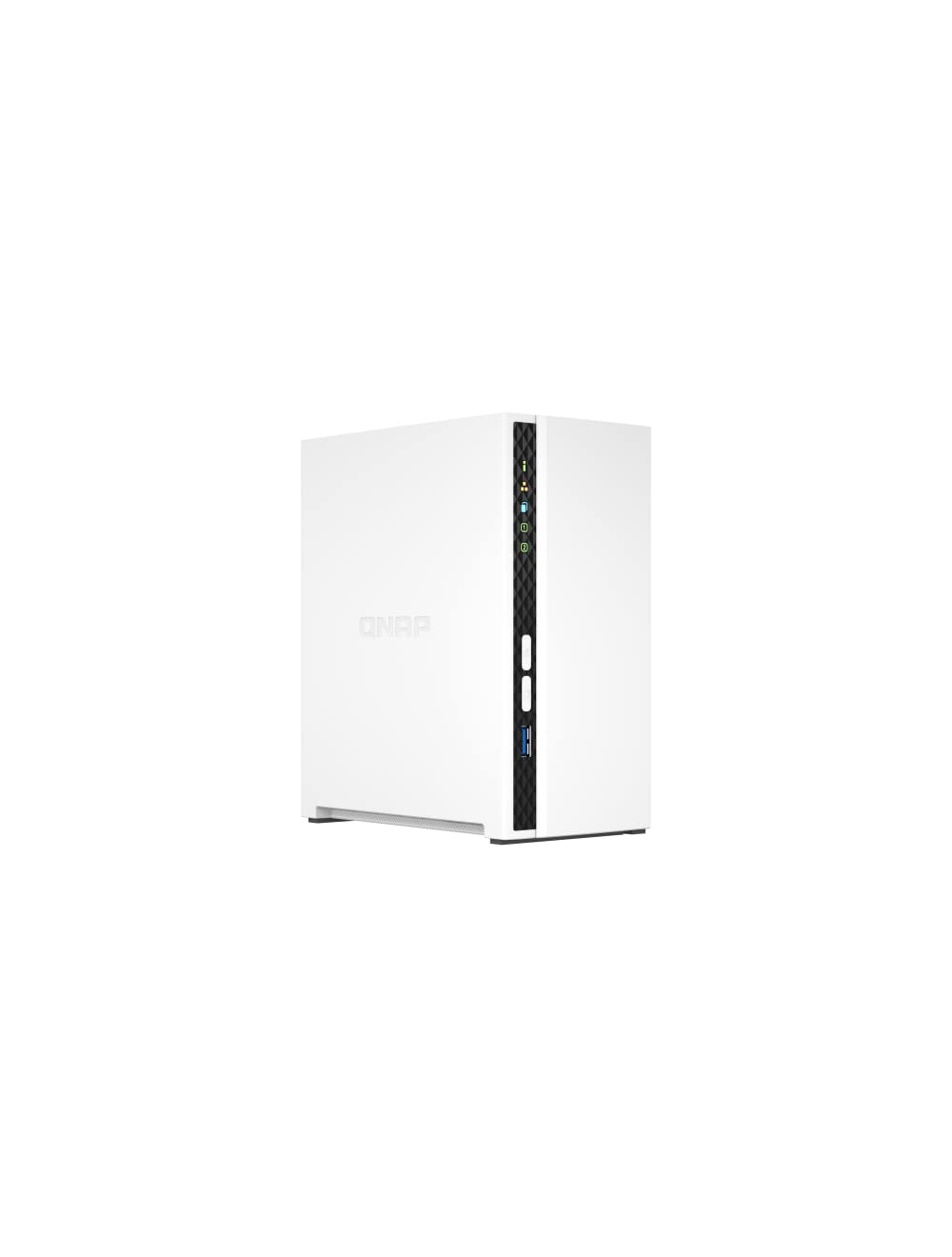 White electronic device with black accents on a white background