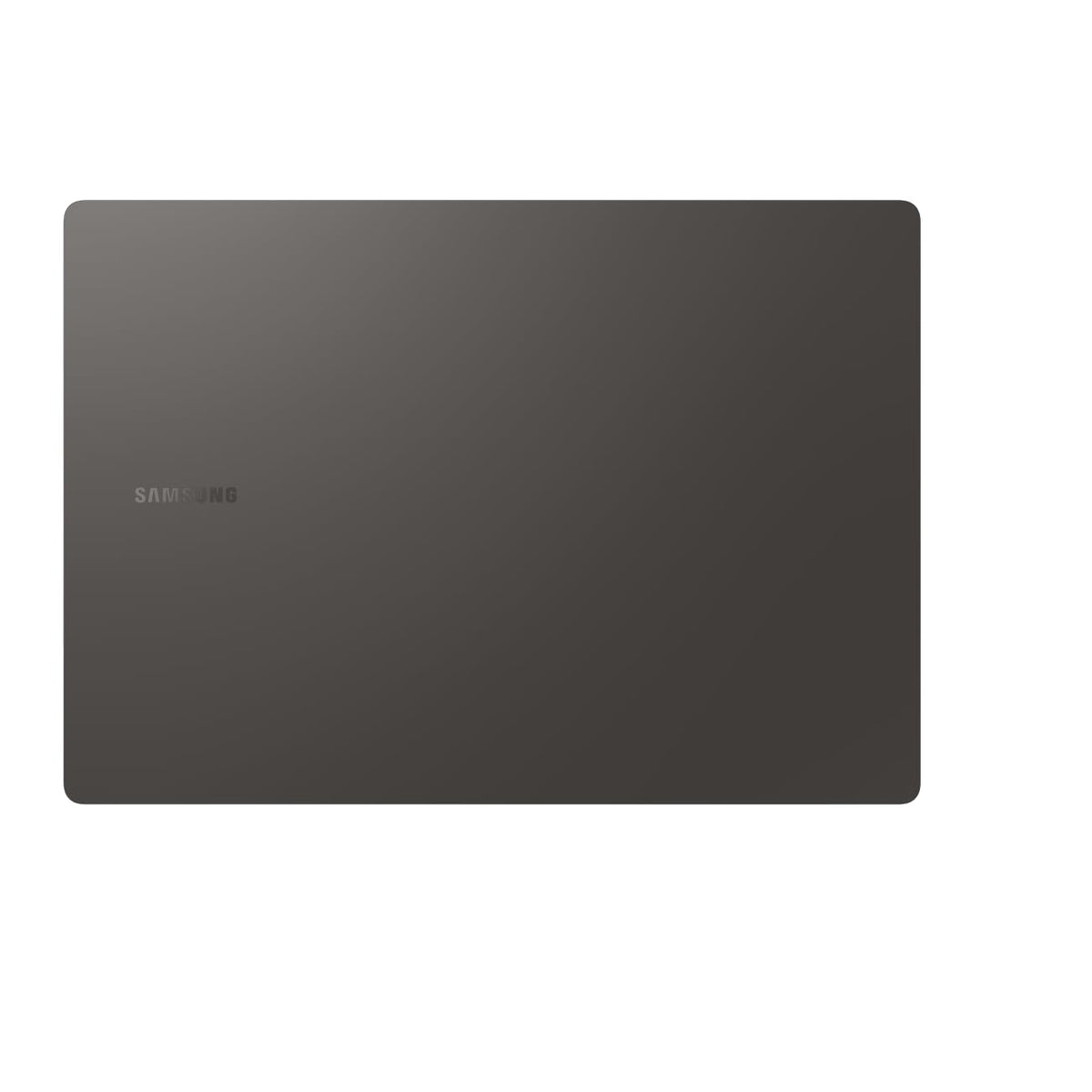A closed Samsung laptop shown from the top lid, featuring a dark gray metallic finish with the SAMSUNG logo subtly printed on the left side, set against a plain white background.