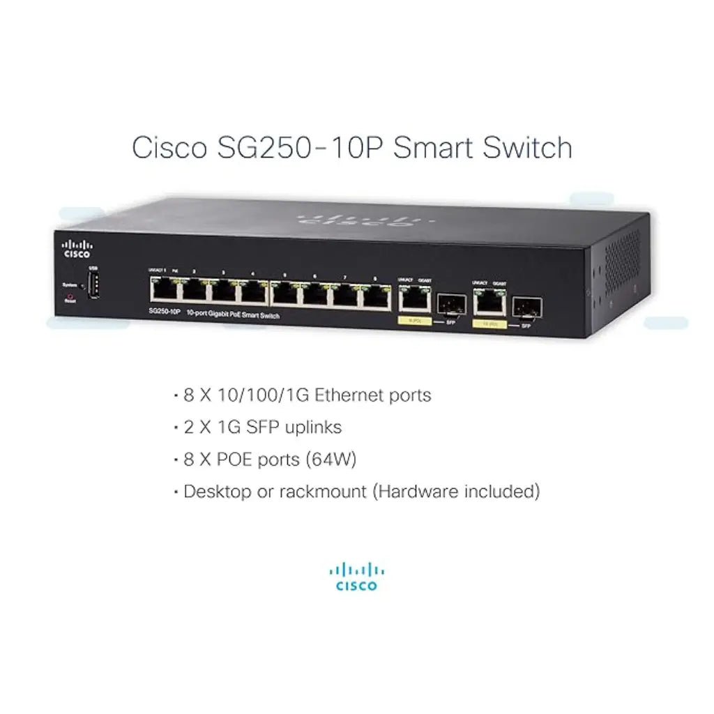 Cisco SG25010PK9NA 10-Port Gigabit Smart Switch with PoE+ 2 Combo SFP Ports