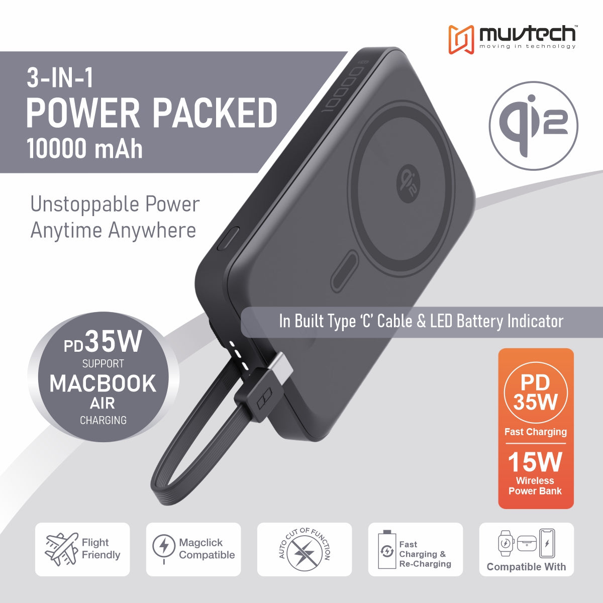 Qi2 TURBOBRIC 10000mAh Magnetic Wireless Power Bank | 35W PD Fast Charging | Type-C in/Out | Compatible with MagSafe | Kickstand | Watch Charging Output | Compact & Travel-Friendly (Black)