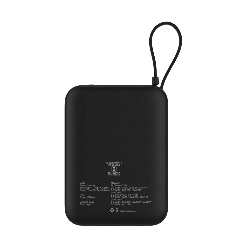 Maverick Mini 20,000mAh Powerbank with 20W Built-in Lightning & Type-C Cables