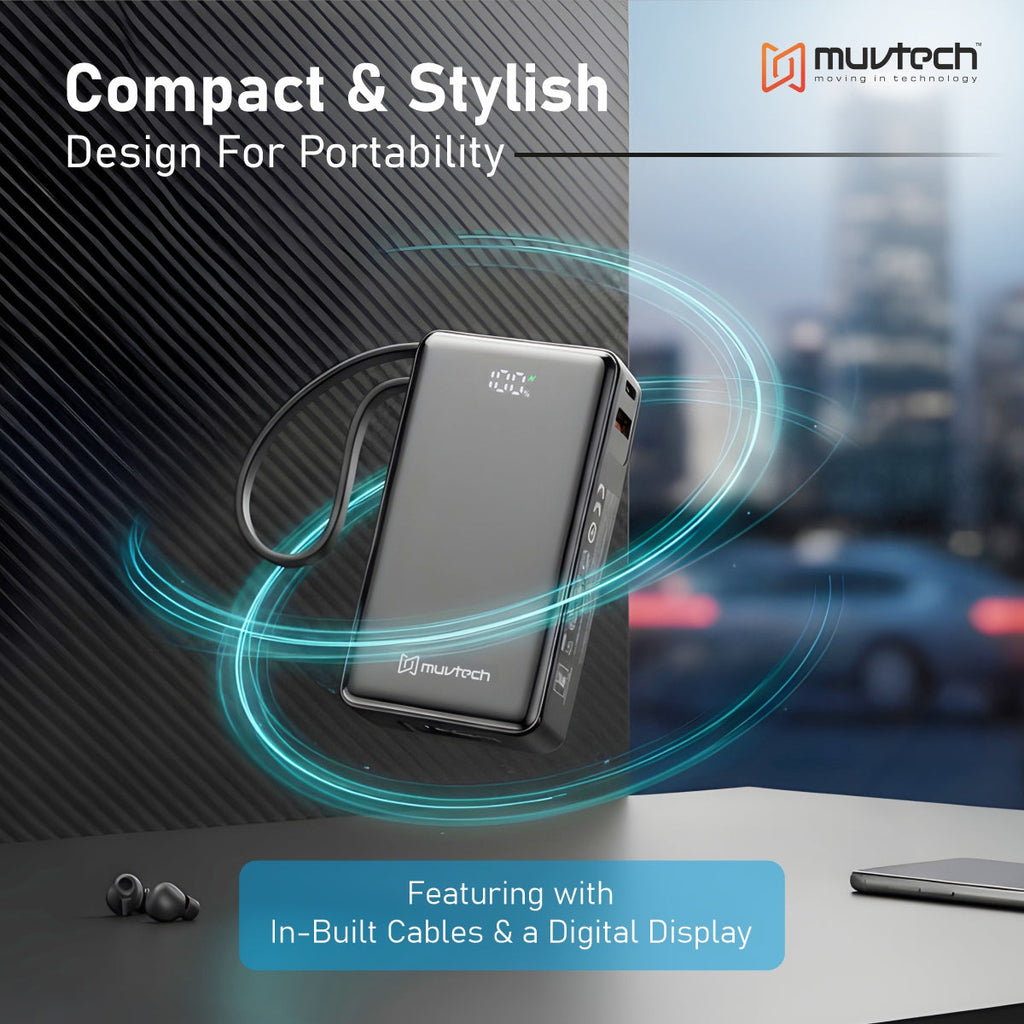 Mini Mate 10000mAh Power Bank with 22.5W Fast Charging, Dual In-Built Cables, USB-A & USB-C Output, Digital Display, Slim & Lightweight Portable Charger- Black