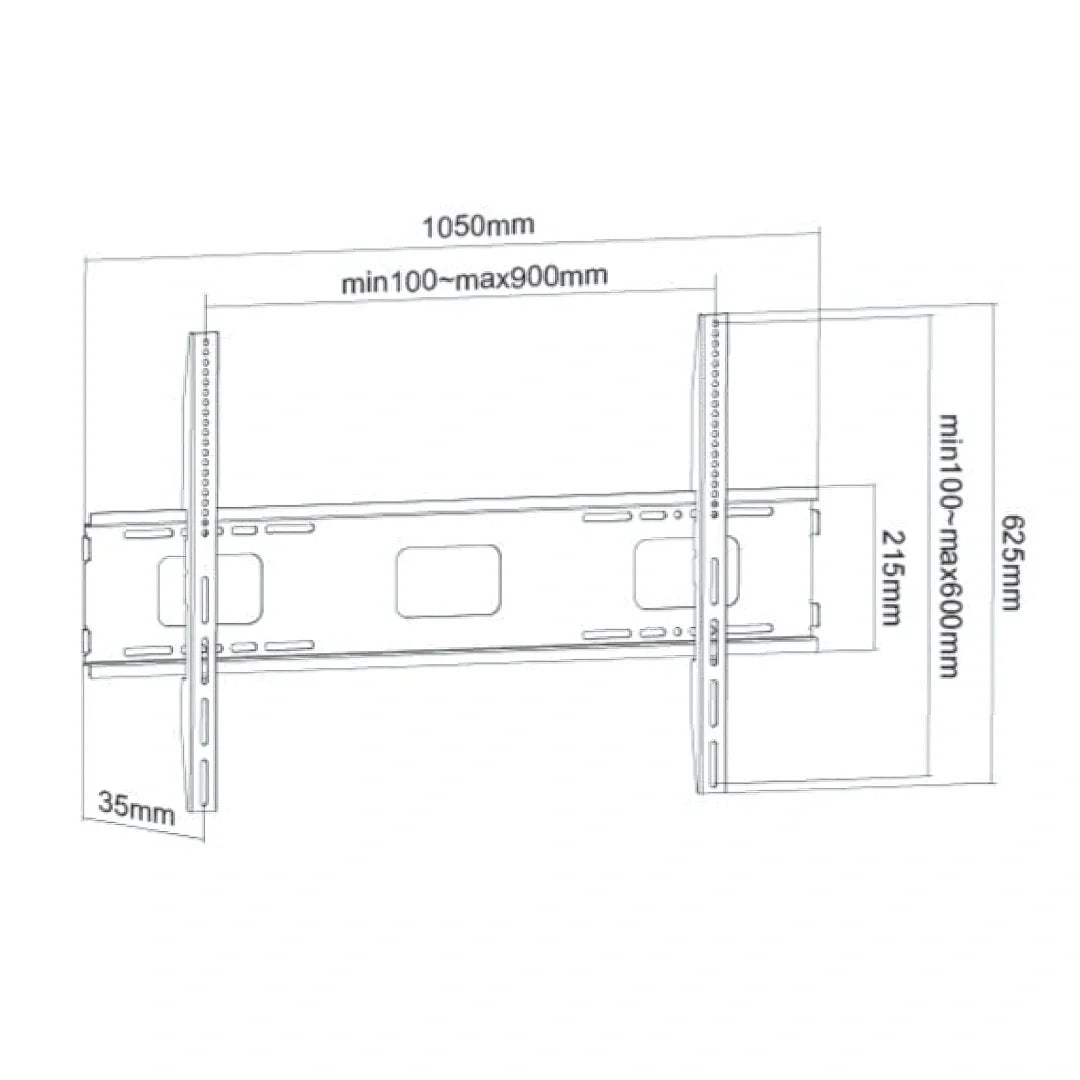 Pixel Mounts PXW-010 side view illustrating the fixed mounting design for 50‑100 inch screens