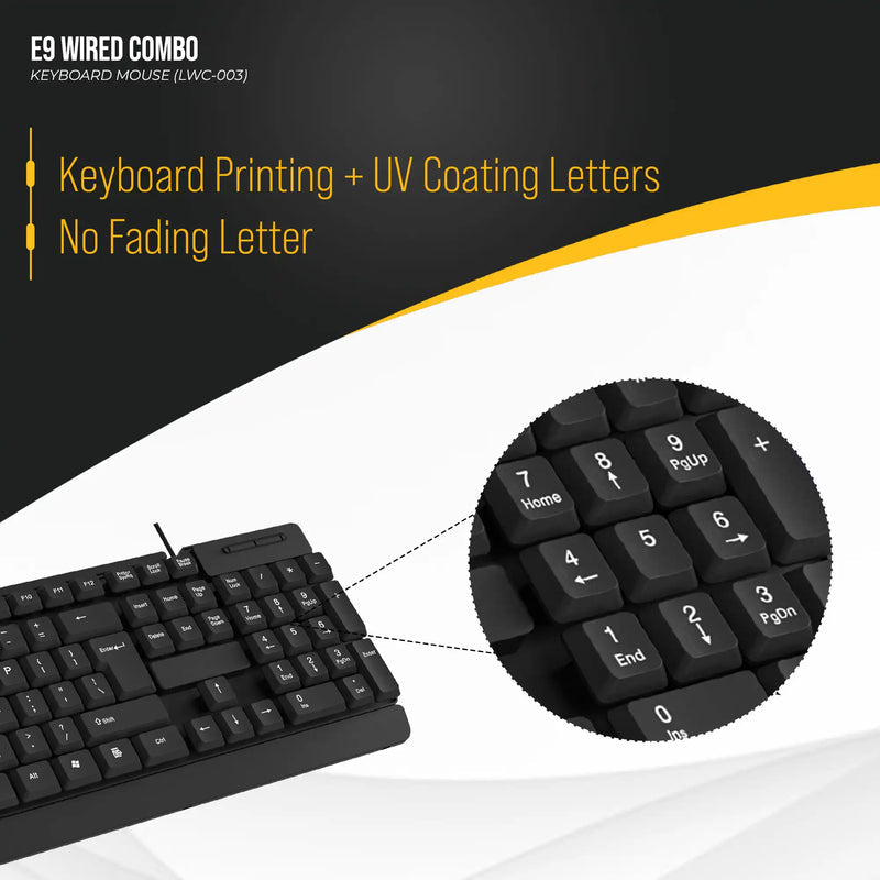 Lapcare E9 USB Wired USB 2.0 Keyboard and 1000DPI Optical Mouse Combo - Black