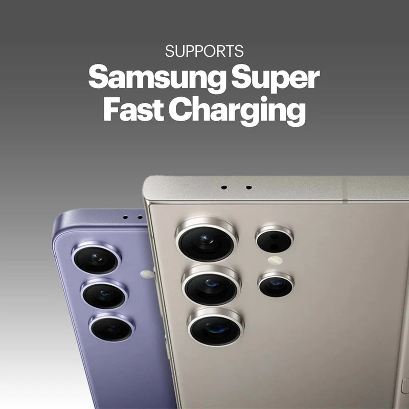 Two smartphones, one purple and one silver, with camera lenses on a gradient background and text 'Supports Samsung Super Fast Charging'.