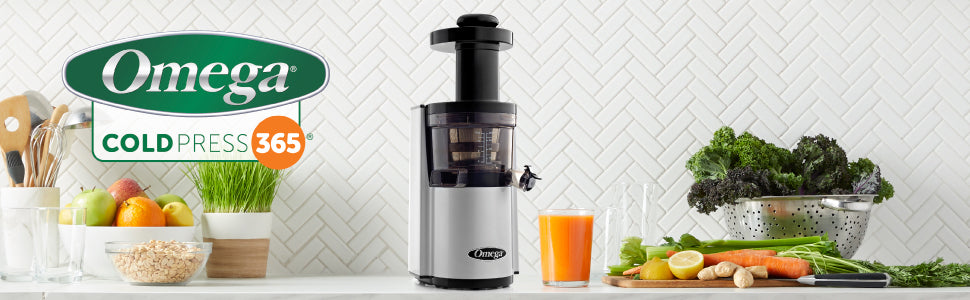 Omega VSJ843RSF Vertical Slow Masticating Juice Extractor 43 RPM Compact Design with Automatic Pulp Ejection, 150-Watt, Silver